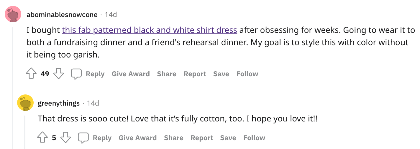 A sample product recommendation on /r/femalefashionadvice