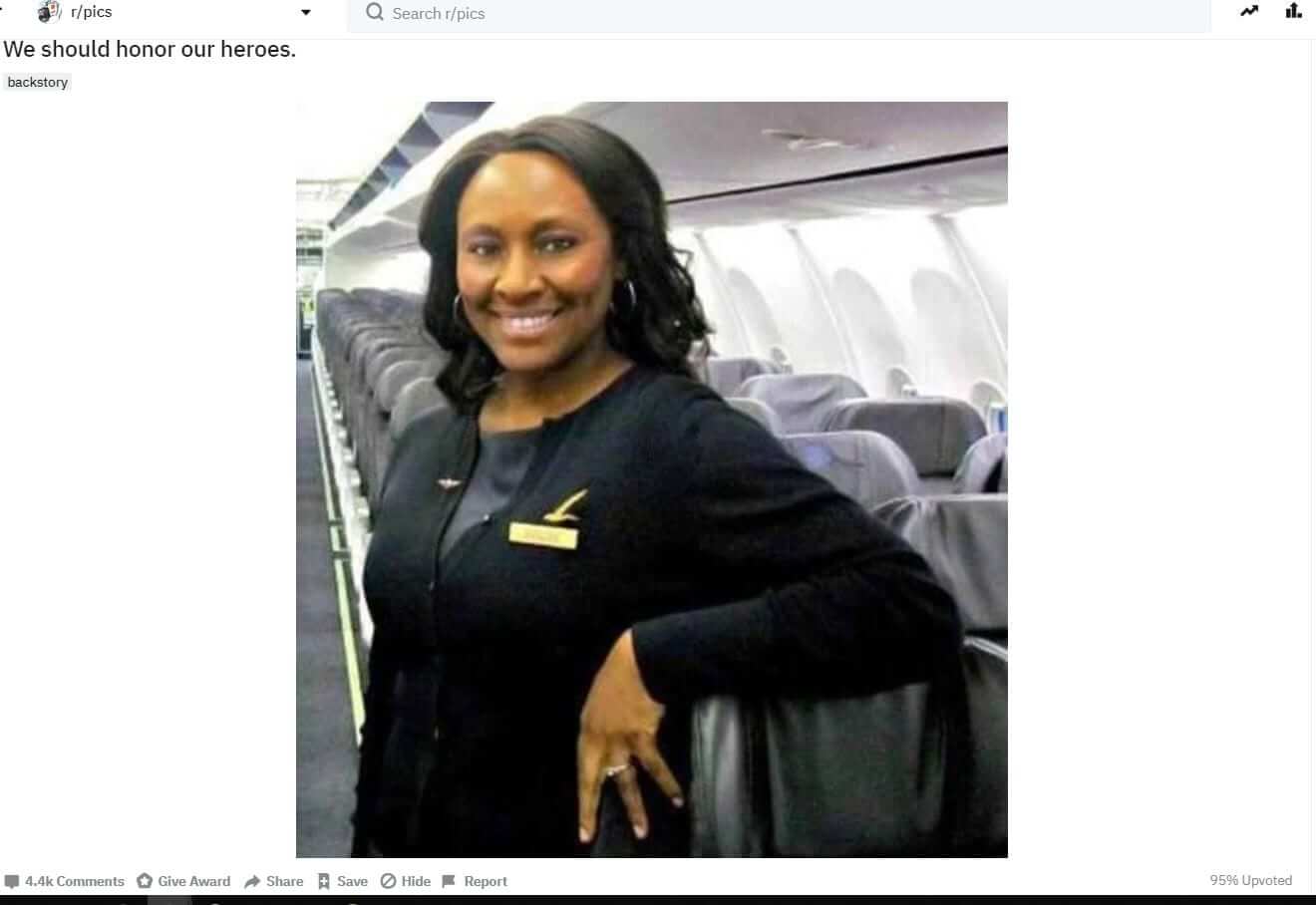 heroic flight attendant getting a high number of upvotes on reddit